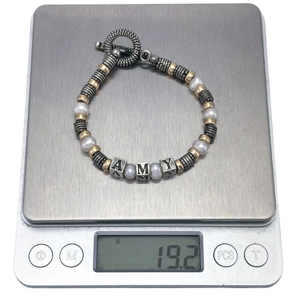 Sterling Silver 925 Gold Tone Beaded Pearl "AMY" Name Beaded Bracelet 6.75" - Picture 5 of 5